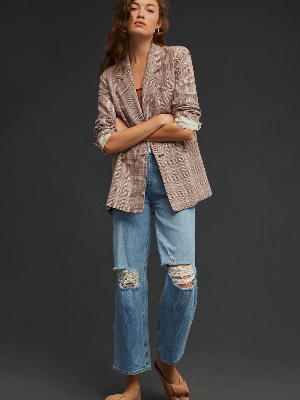 Maeve Anthropologie Plaid Double-Breasted linen blend Blazer size 6